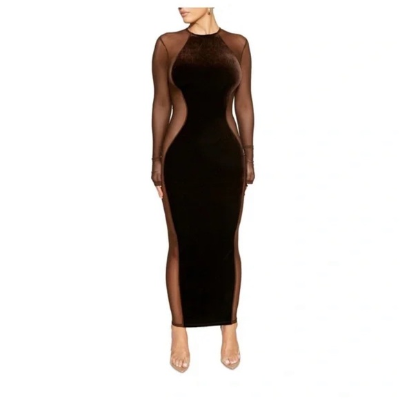 Naked Wardrobe long-sleeve brown Velvet dress sheer sides women’s small New - Picture 1 of 10